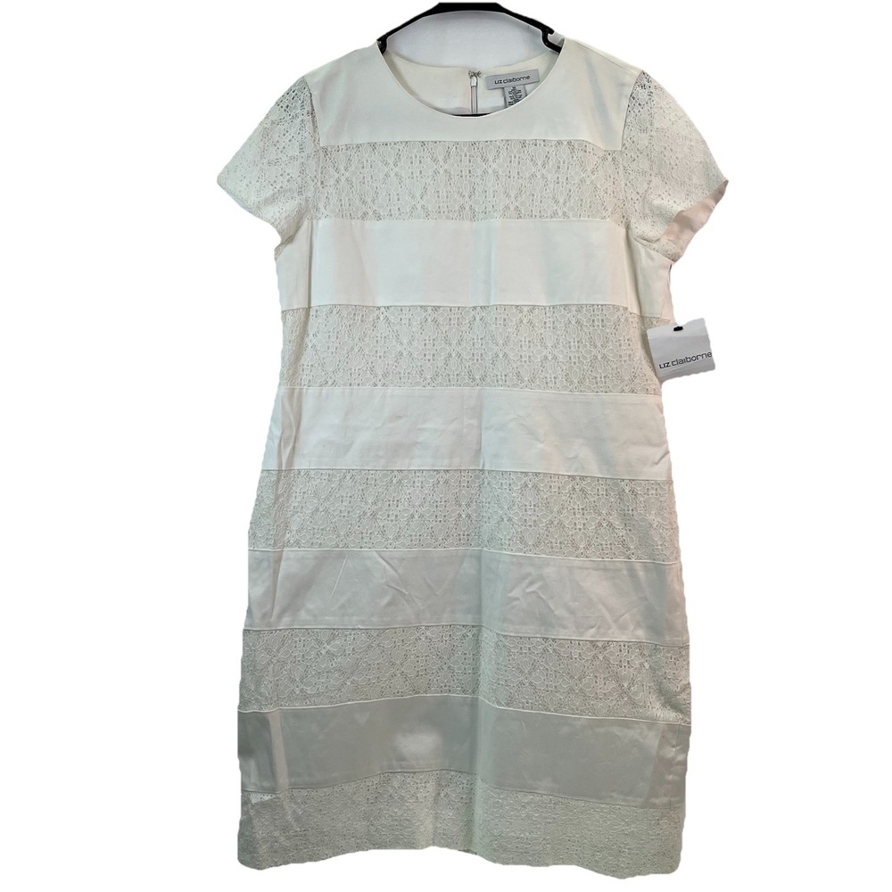 Women's Liz Claiborne White‎ Lace Striped Dress Sz 10 Tea Time Classic Elegance